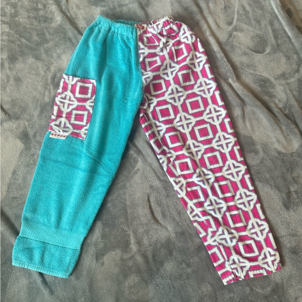 Multicolor (teal, pink, white) towel pants. Perfect for swim meets